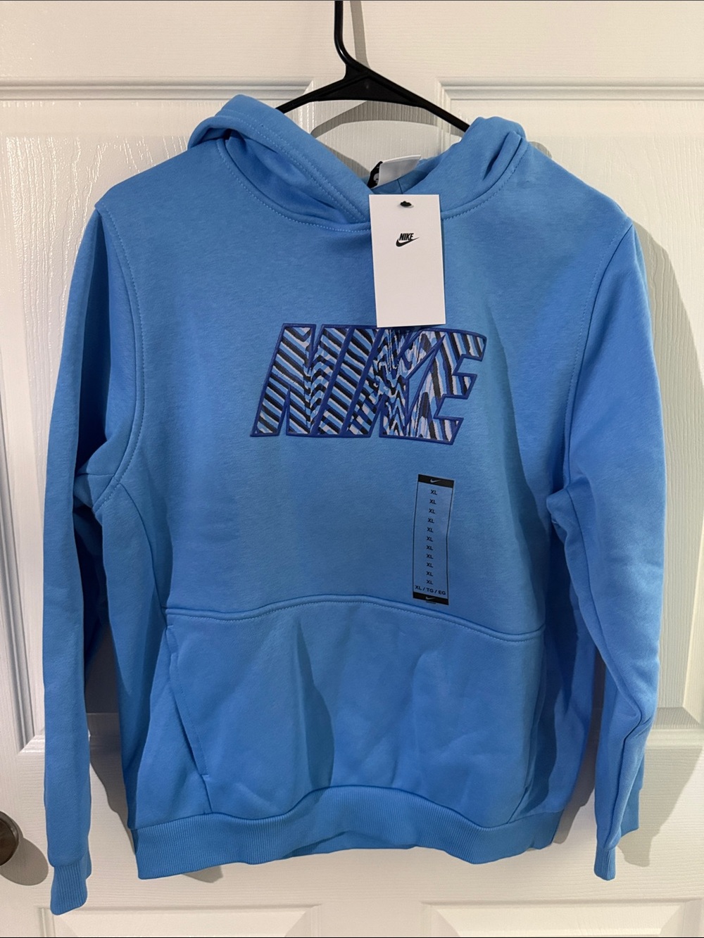 Nike Men's Light Blue Crewneck Hoodie with Patterned Logo